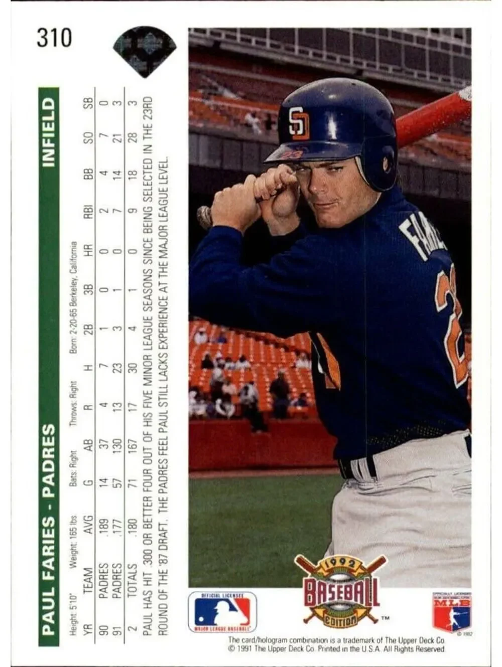 Paul Faries 1992 Upper Deck MLB #310 Baseball Card San Diego Padres